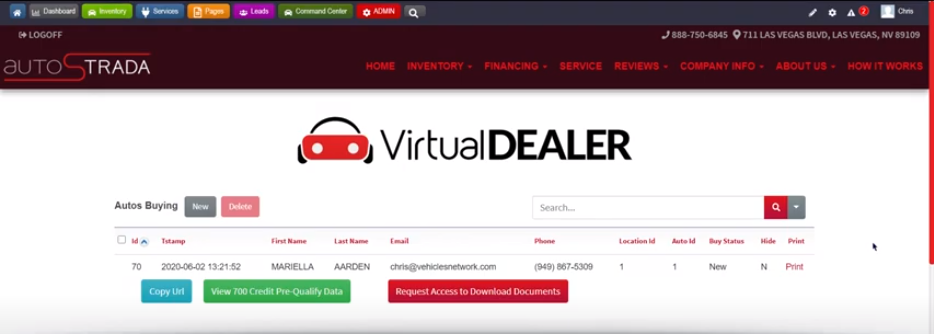 Virtual Dealer Website Dashboard Example