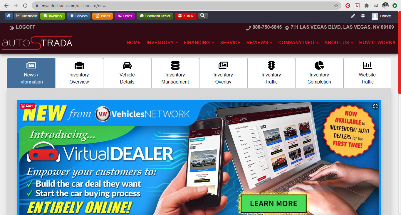 Auto dealership website dashboard