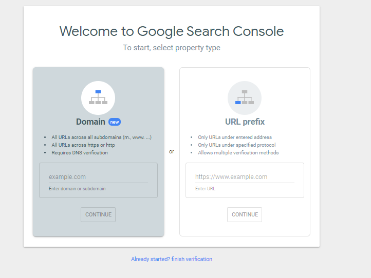 Using Google Search Console: Enter your domain