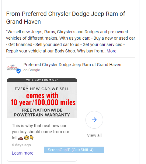 Google My Business Auto Dealership Post Example